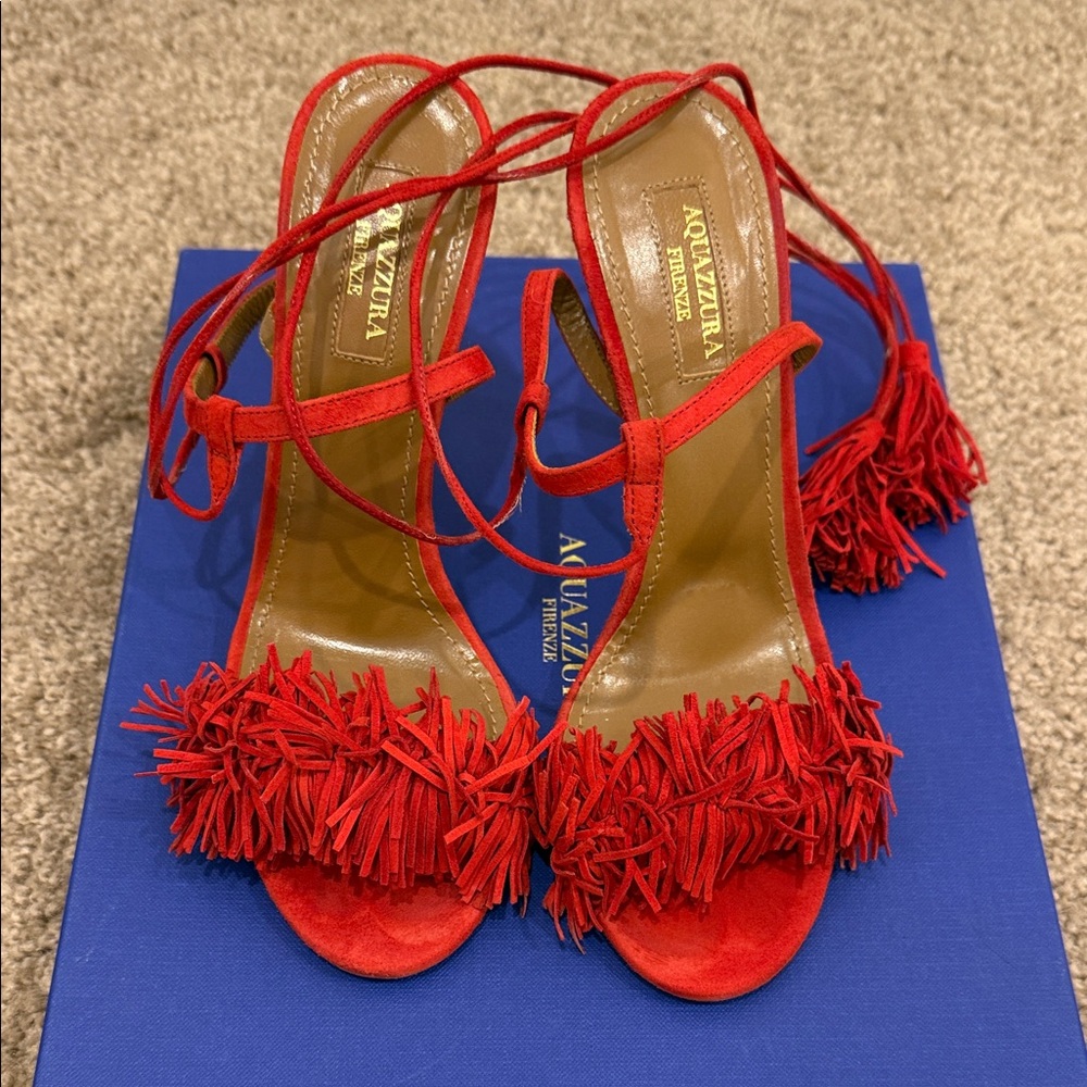 Aquazzura Red Suede Fringe Lace-Up Sandals – Size 37